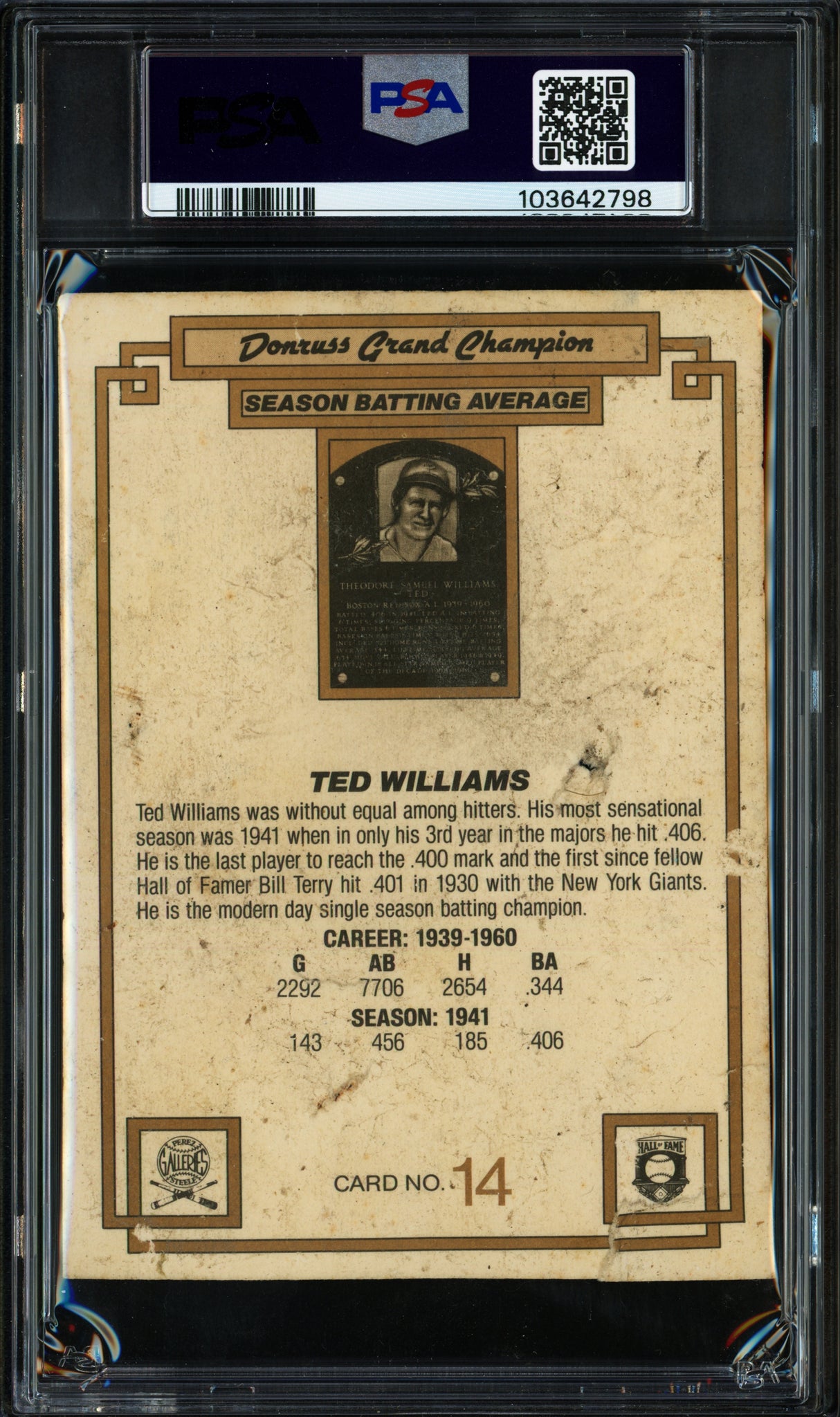 Ted Williams Autographed 1984 Donruss Champions Card #14 Boston Red Sox PSA/DNA #103642798