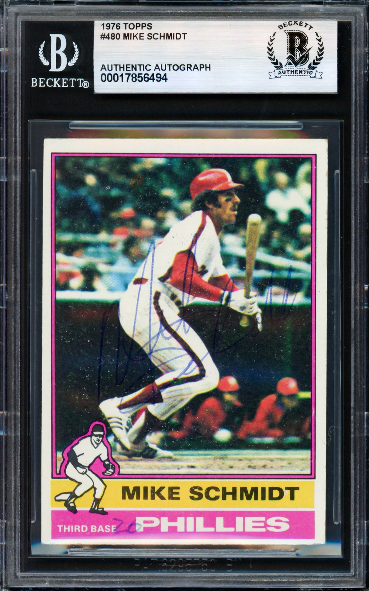 Mike Schmidt Autographed 1976 Topps Card #480 Philadelphia Phillies Beckett BAS #17856494