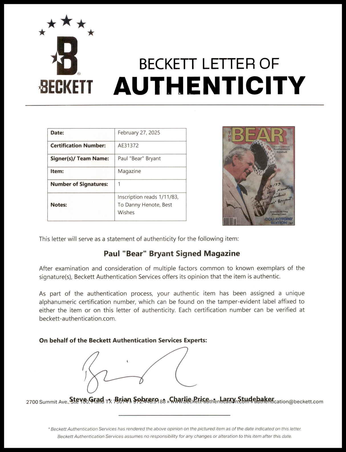 Paul "Bear" Bryant Autographed The Bear Collectors Edition Program Alabama Crimson Tide "To Danny" Beckett BAS #AE31372
