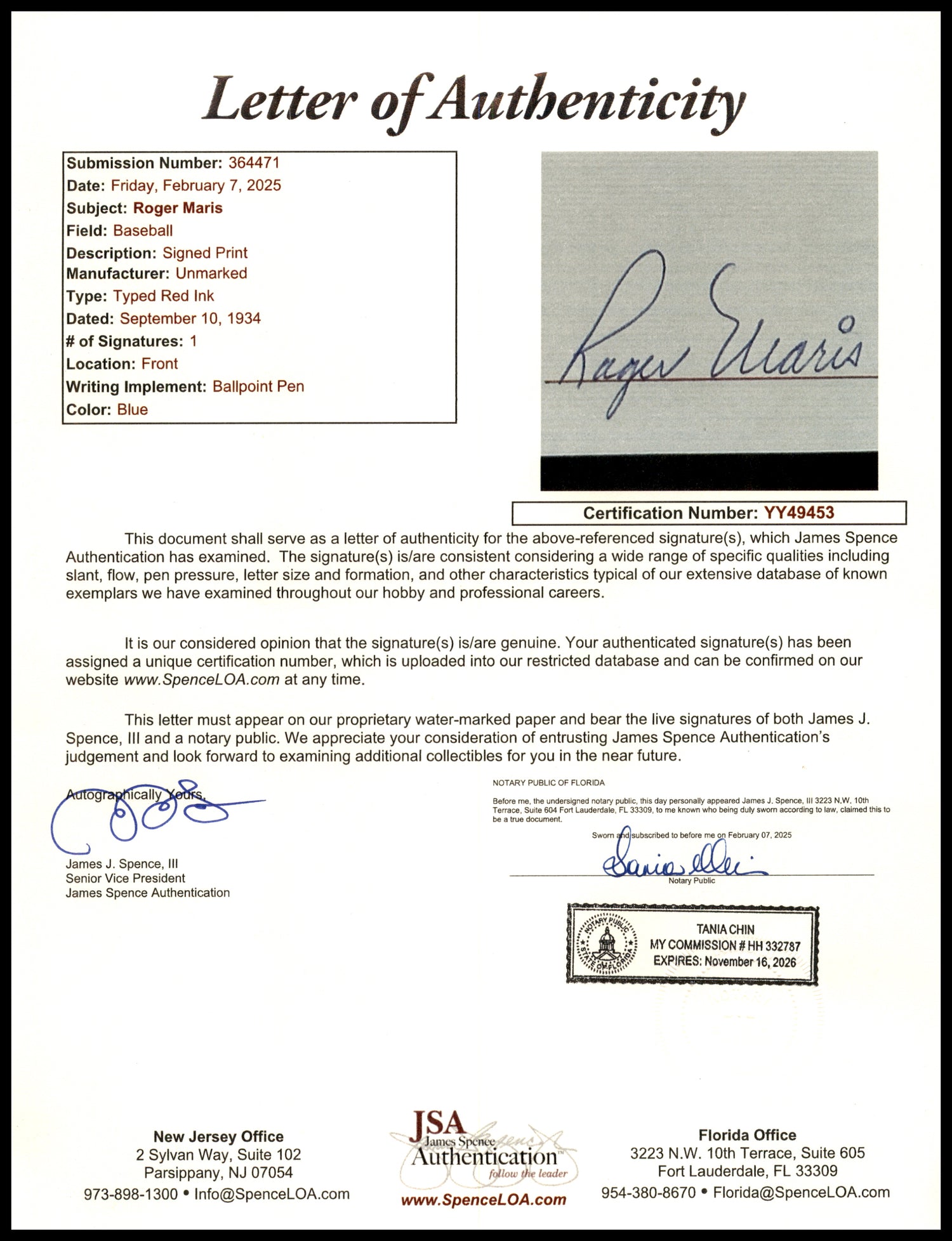 Roger Maris Autographed 5.5x8.5 Cut Signature New York Yankees Biography JSA #YY49453