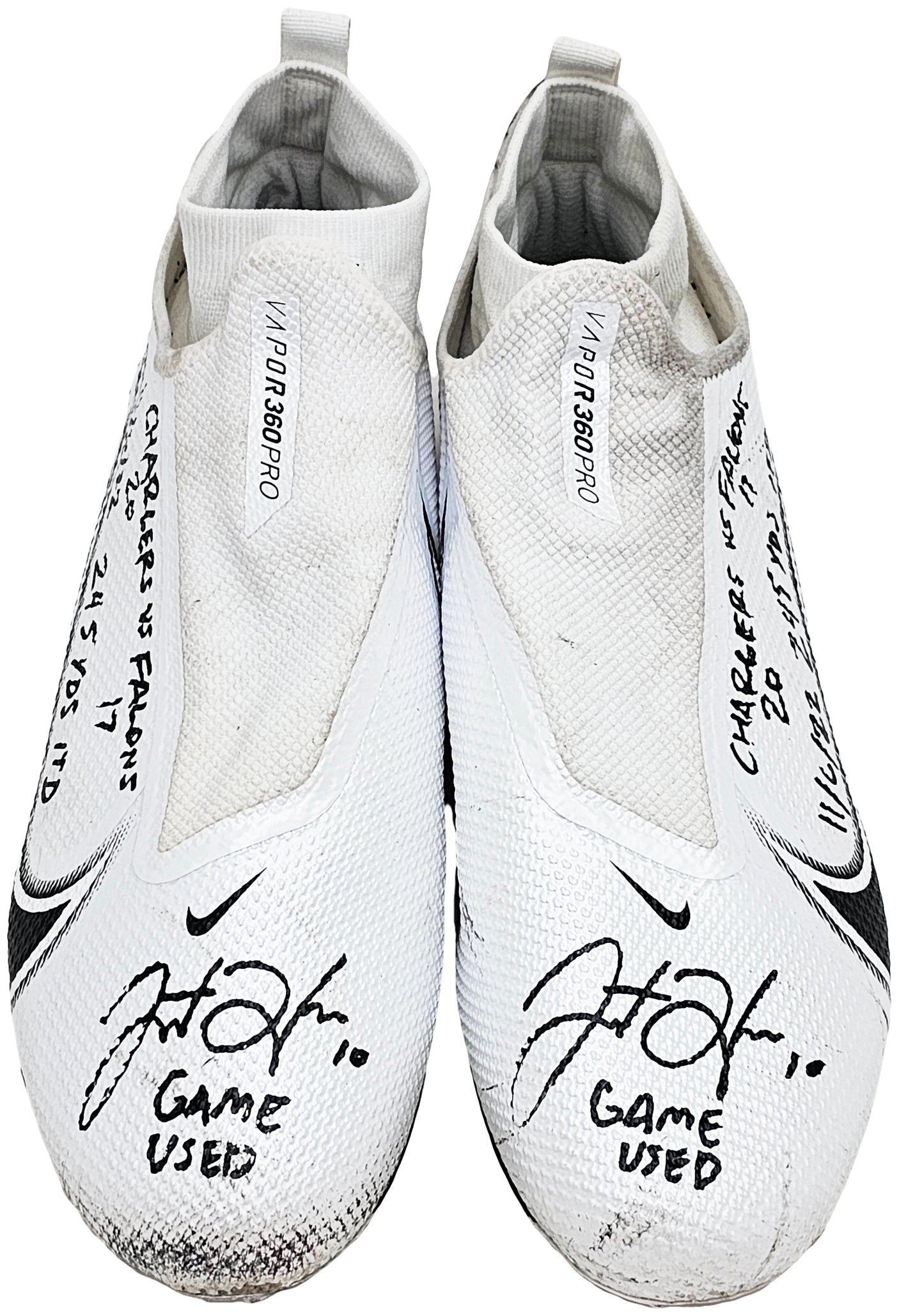 Justin Herbert Autographed Pair Of Game Used White & Black Nike Vapor 360 Pro Cleats Los Angeles Chargers "Game Used, Chargers 20 vs Falcons 17, 11/6/22, 245 Yds, & 1 TD" Beckett BAS Witness #W453564 & #W453565