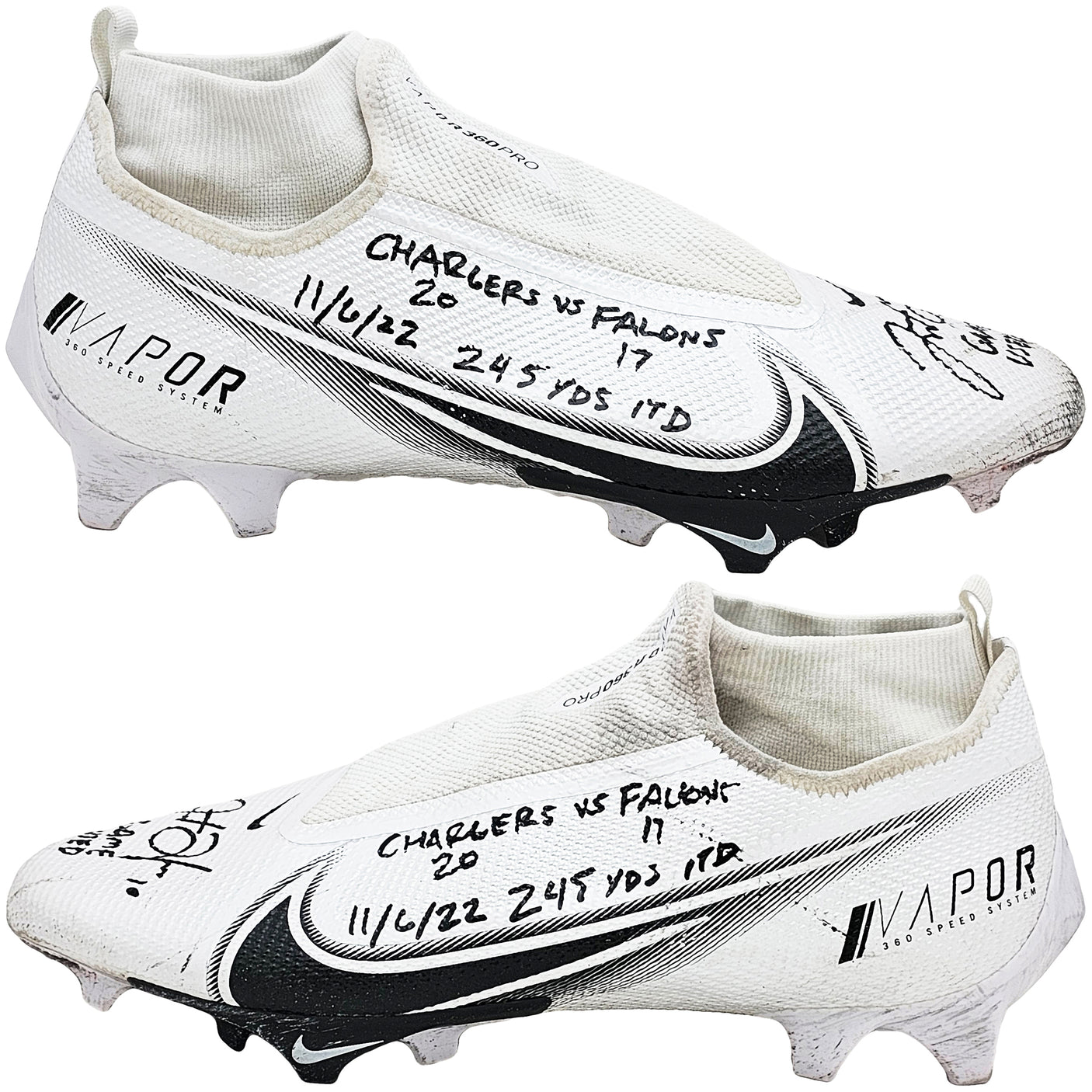 Justin Herbert Autographed Pair Of Game Used White & Black Nike Vapor 360 Pro Cleats Los Angeles Chargers "Game Used, Chargers 20 vs Falcons 17, 11/6/22, 245 Yds, & 1 TD" Beckett BAS Witness #W453564 & #W453565