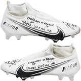 Justin Herbert Autographed Pair Of Game Used White & Black Nike Vapor 360 Pro Cleats Los Angeles Chargers "Game Used, Chargers 20 vs Falcons 17, 11/6/22, 245 Yds, & 1 TD" Beckett BAS Witness #W453564 & #W453565