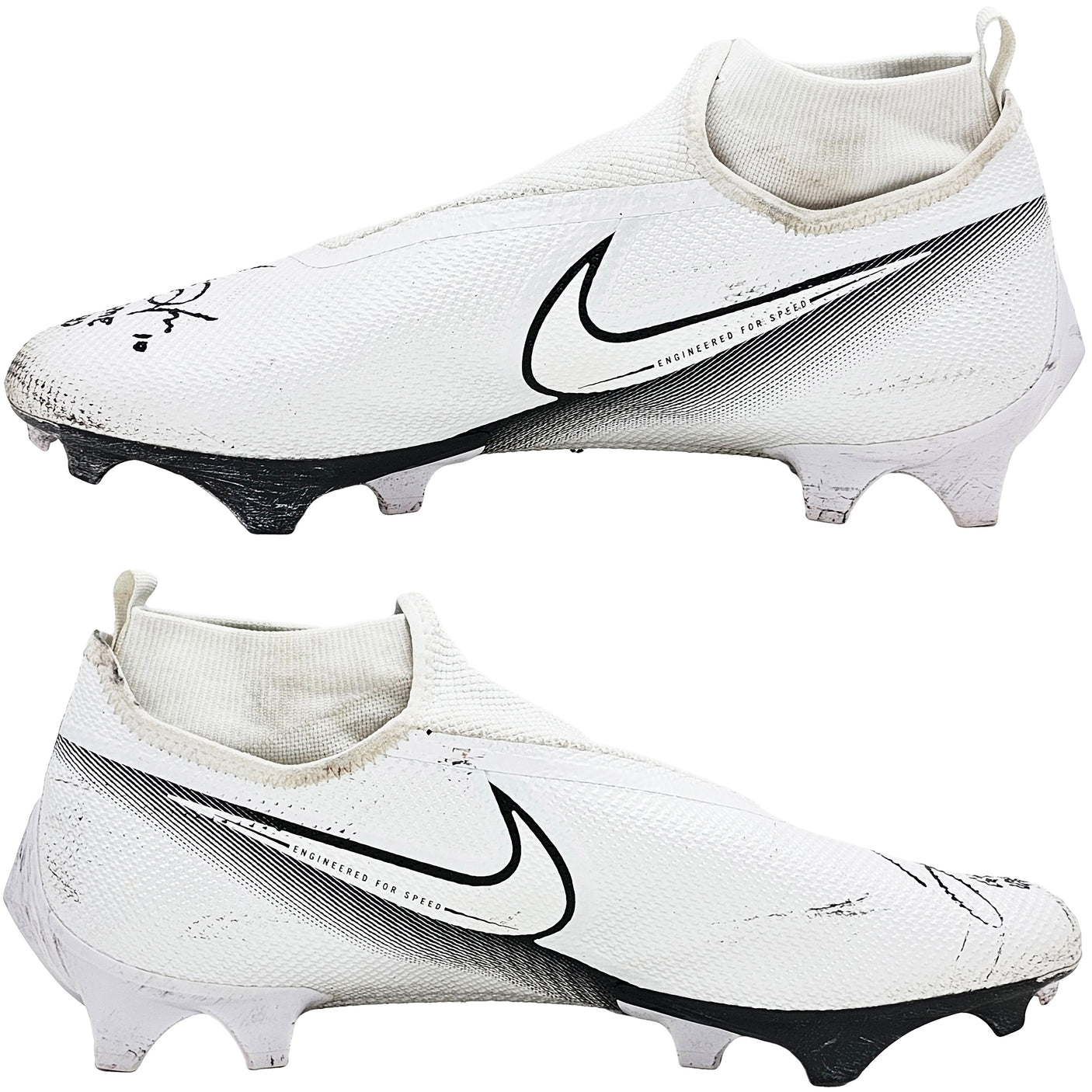 Justin Herbert Autographed Pair Of Game Used White & Black Nike Vapor 360 Pro Cleats Los Angeles Chargers "Game Used, Chargers 20 vs Falcons 17, 11/6/22, 245 Yds, & 1 TD" Beckett BAS Witness #W453564 & #W453565
