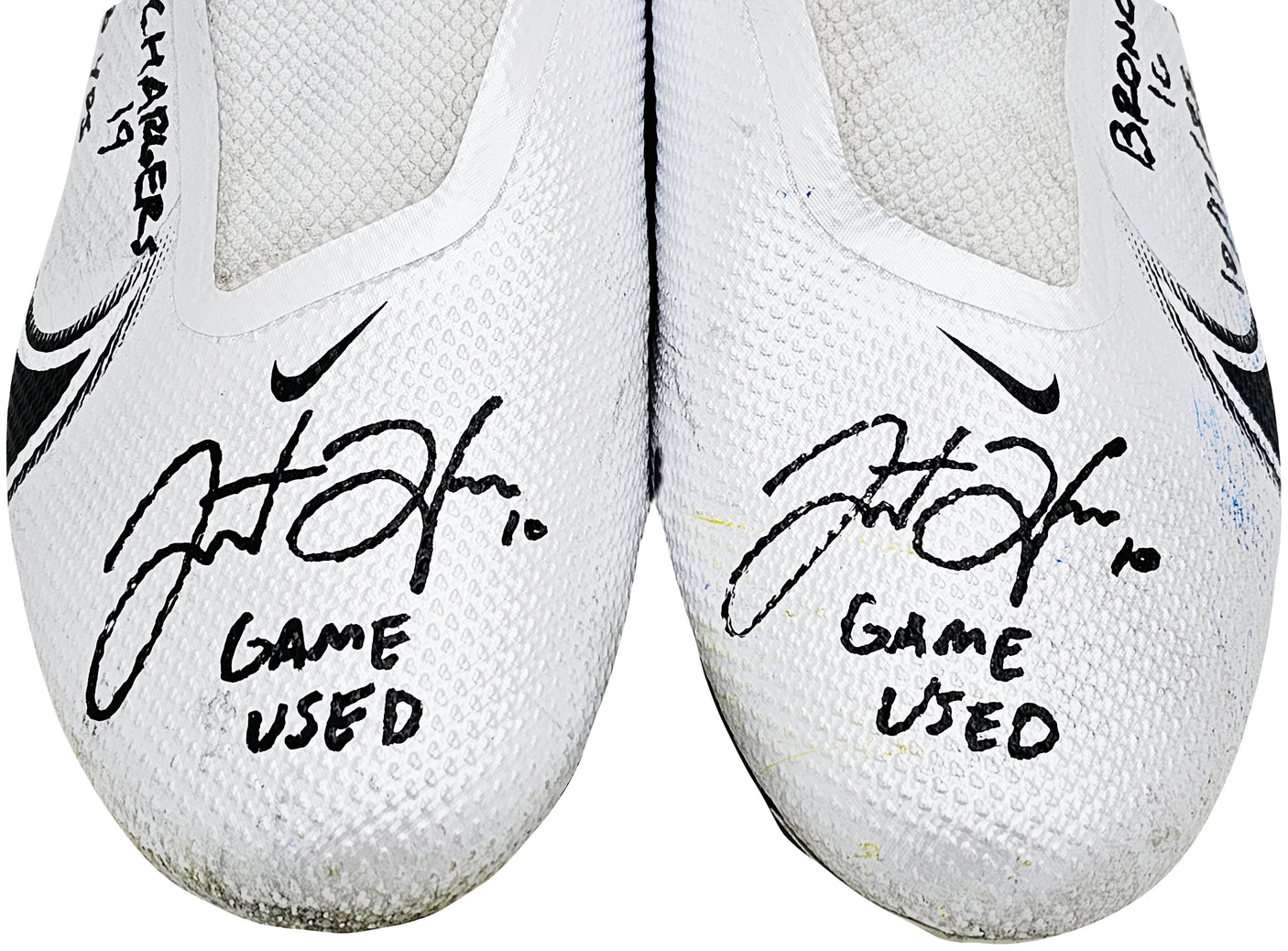 Justin Herbert Autographed Pair Of Game Used White & Black Nike Vapor 360 Pro Cleats Los Angeles Chargers "Game Used, Broncos 16 vs Chargers 19, 10/17/22, 238 Yds" Beckett BAS Witness #W453550 & #W453551