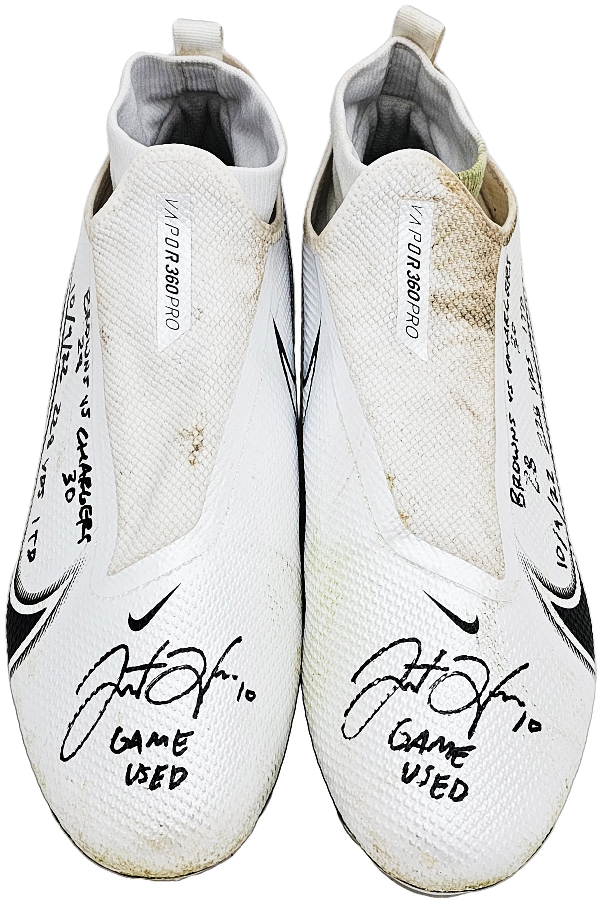 Justin Herbert Autographed Pair Of Game Used White & Black Nike Vapor 360 Pro Cleats Los Angeles Chargers "Game Used, Browns 28 vs Chargers 30, 10/9/22, 228 Yds, & 1 TD" Beckett BAS Witness #W453556 & #W453557