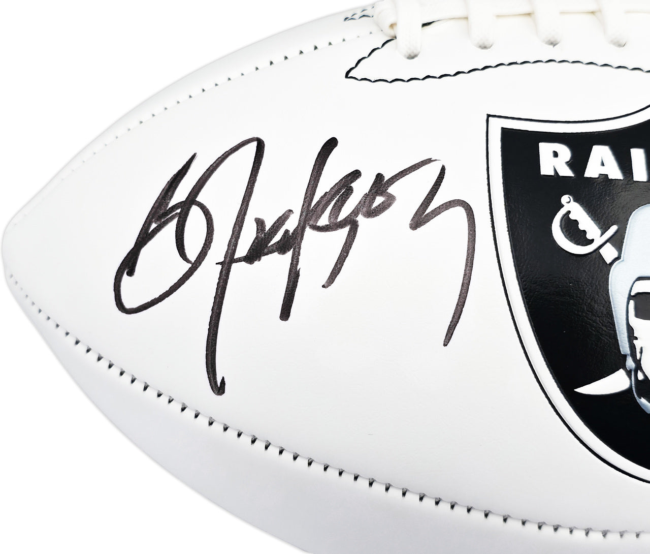 Bo Jackson Autographed Oakland Raiders White Logo Football Beckett BAS Witness Stock #239857