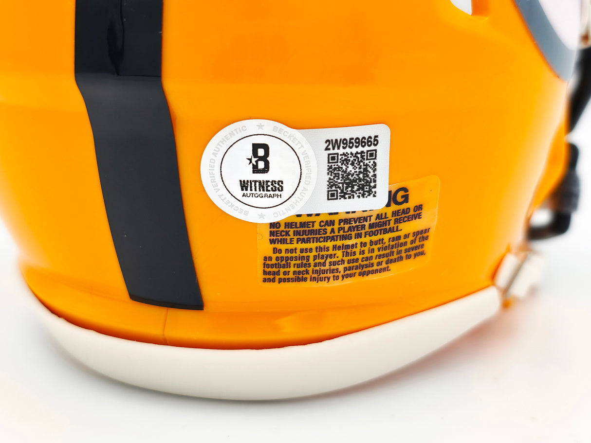 James Harrison Autographed Pittsburgh Steelers Throwback Gold Speed Mini Helmet Beckett BAS Witness Stock #241384