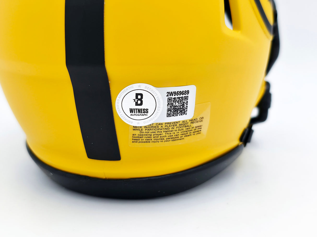 James Harrison Autographed Pittsburgh Steelers Gold Rave Speed Mini Helmet Beckett BAS Witness Stock #241385