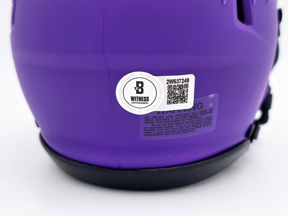 Terrell Suggs Autographed Baltimore Ravens Purple Speed Rave Mini Helmet Beckett BAS Witness Stock #241396
