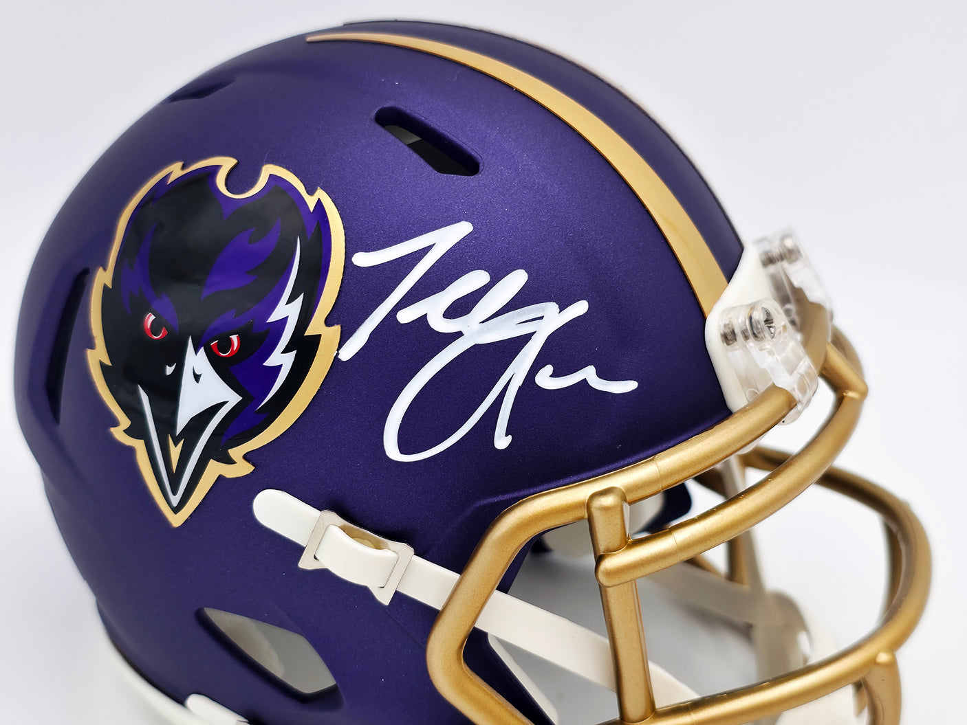 Terrell Suggs Autographed Baltimore Ravens 2024 Alt Purple Speed Mini Helmet JSA QR Stock #241394