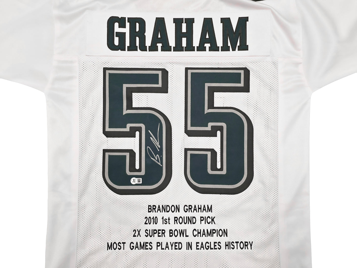 Philadelphia Eagles Brandon Graham Autographed White Super Bowl Stats Jersey Beckett BAS Witness Stock #239892