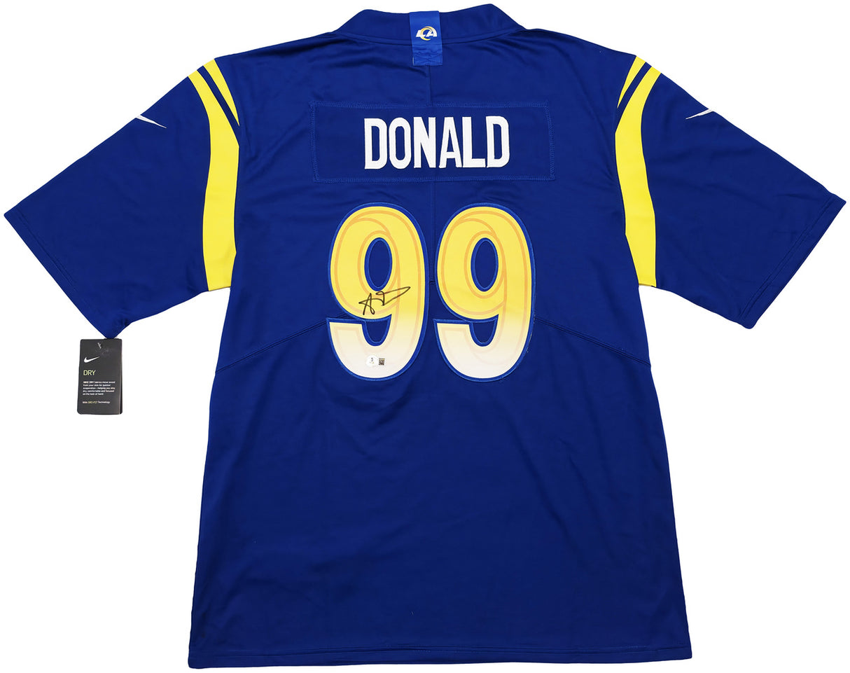 Los Angeles Rams Aaron Donald Autographed Blue Nike On Field Jersey Size L Beckett BAS Witness Stock #241360