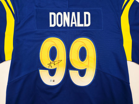 Los Angeles Rams Aaron Donald Autographed Blue Nike On Field Jersey Size L Beckett BAS Witness Stock #241360