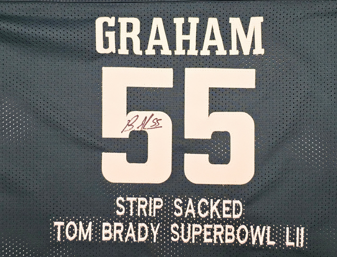 Philadelphia Eagles Brandon Graham & Milton Williams Autographed Green Super Bowl Stats Jersey Strip Sack Champions Beckett BAS Witness Stock #239890
