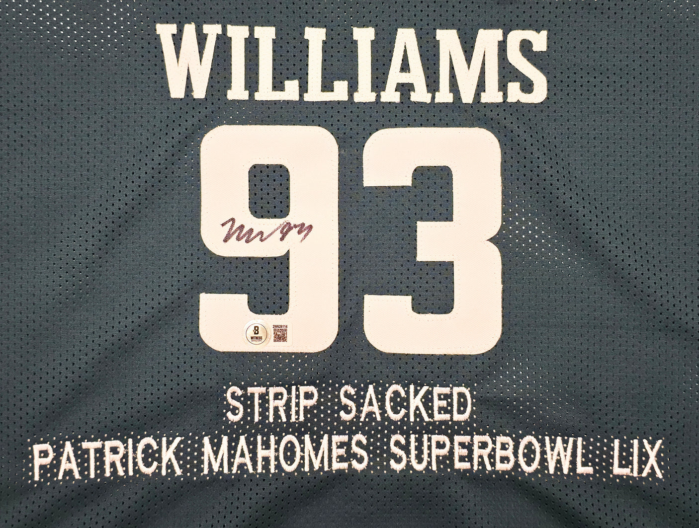 Philadelphia Eagles Brandon Graham & Milton Williams Autographed Green Super Bowl Stats Jersey Strip Sack Champions Beckett BAS Witness Stock #239890