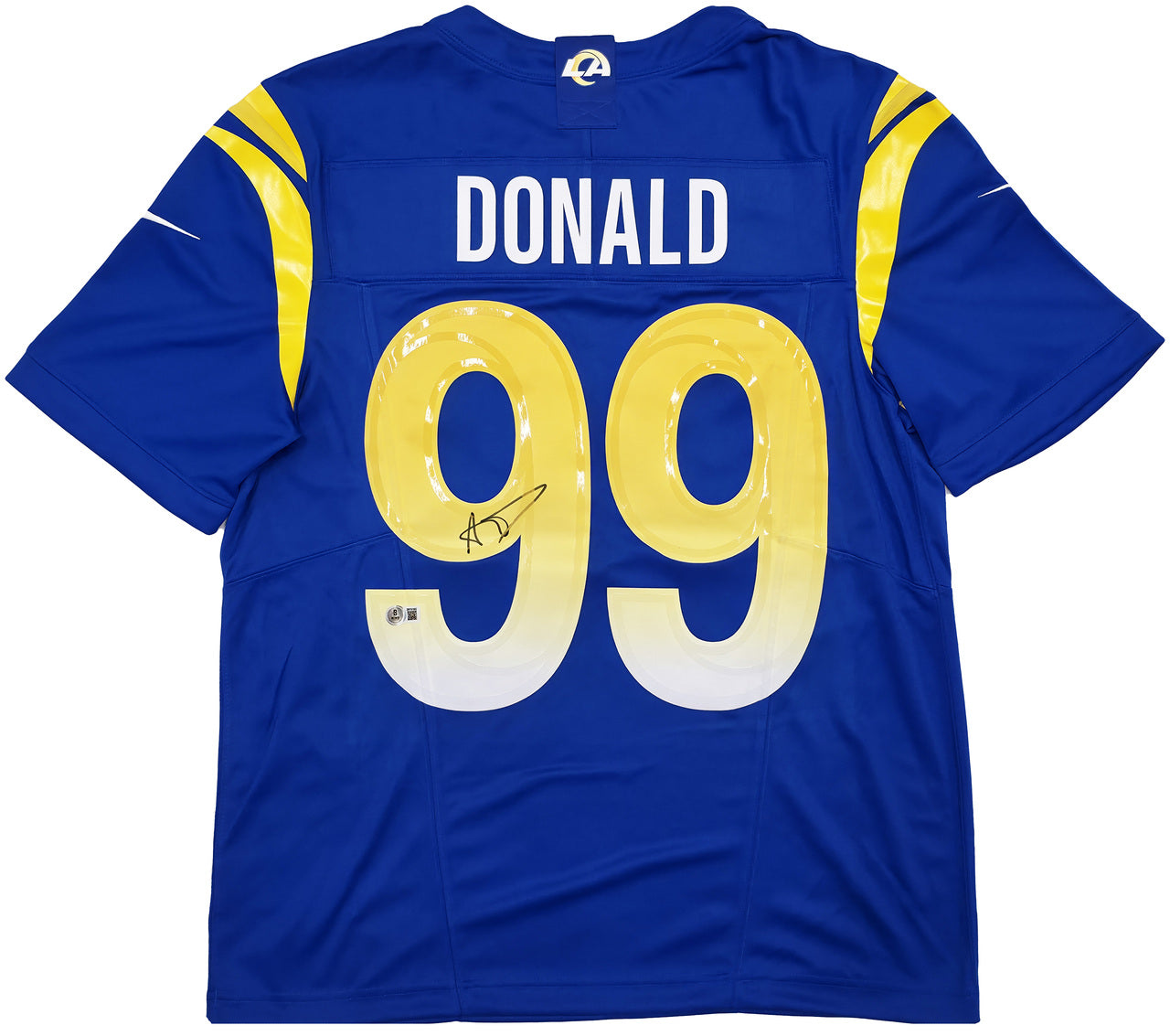 Los Angeles Rams Aaron Donald Autographed Blue Nike Dri Fit Jersey Size L Beckett BAS Witness Stock #241359