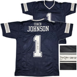 Dallas Cowboys Jimmy Johnson Autographed Blue Jersey "HOF 20" Beckett BAS Witness Stock #239849