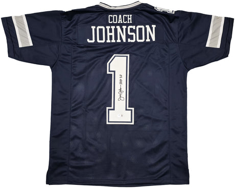 Dallas Cowboys Jimmy Johnson Autographed Blue Jersey "HOF 20" Beckett BAS Witness Stock #239849