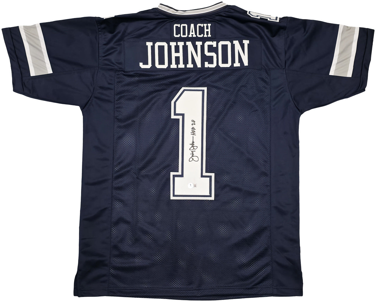 Dallas Cowboys Jimmy Johnson Autographed Blue Jersey "HOF 20" Beckett BAS Witness Stock #239849