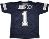 Dallas Cowboys Jimmy Johnson Autographed Blue Jersey "HOF 20" Beckett BAS Witness Stock #239849