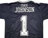 Dallas Cowboys Jimmy Johnson Autographed Blue Jersey "HOF 20" Beckett BAS Witness Stock #239849