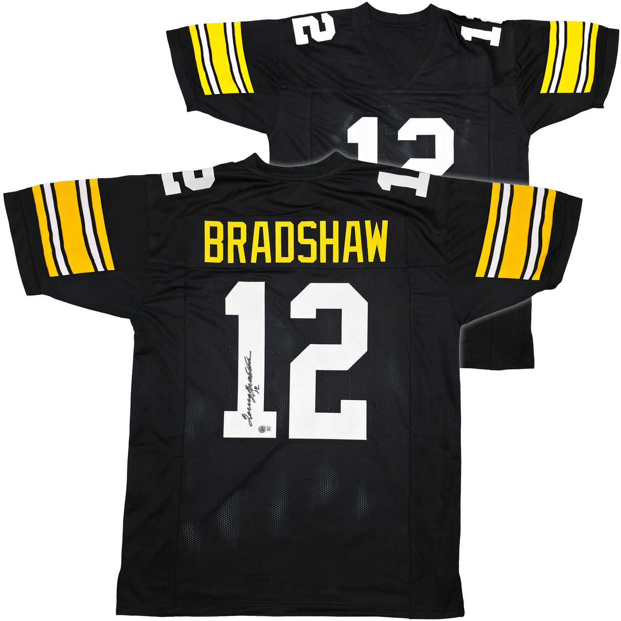 Pittsburgh Steelers Terry Bradshaw Autographed Black Jersey Beckett BAS Witness Stock #239865