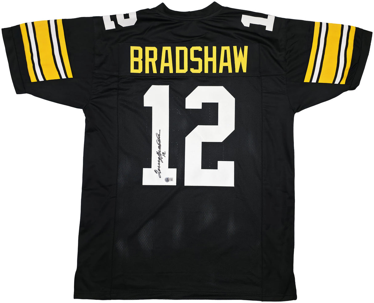 Pittsburgh Steelers Terry Bradshaw Autographed Black Jersey Beckett BAS Witness Stock #239865