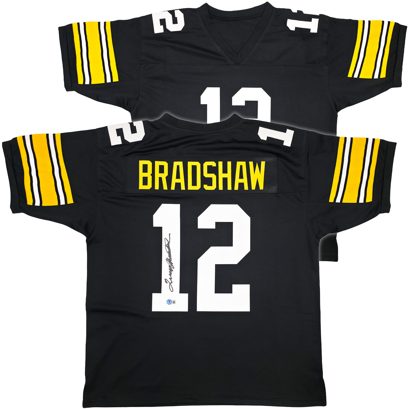 Pittsburgh Steelers Terry Bradshaw Autographed Black Jersey Beckett BAS Witness Stock #239866