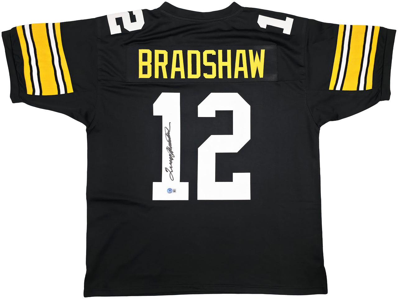 Pittsburgh Steelers Terry Bradshaw Autographed Black Jersey Beckett BAS Witness Stock #239866