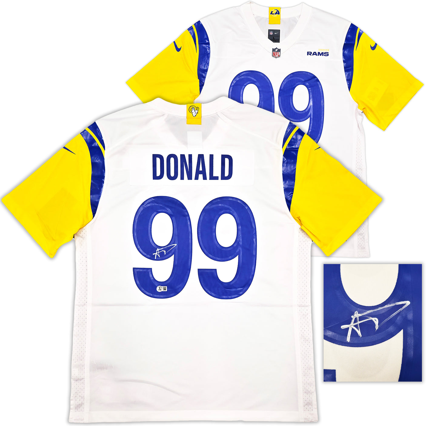 Los Angeles Rams Aaron Donald Autographed White Nike On Field Jersey Size L Beckett BAS Witness Stock #241358
