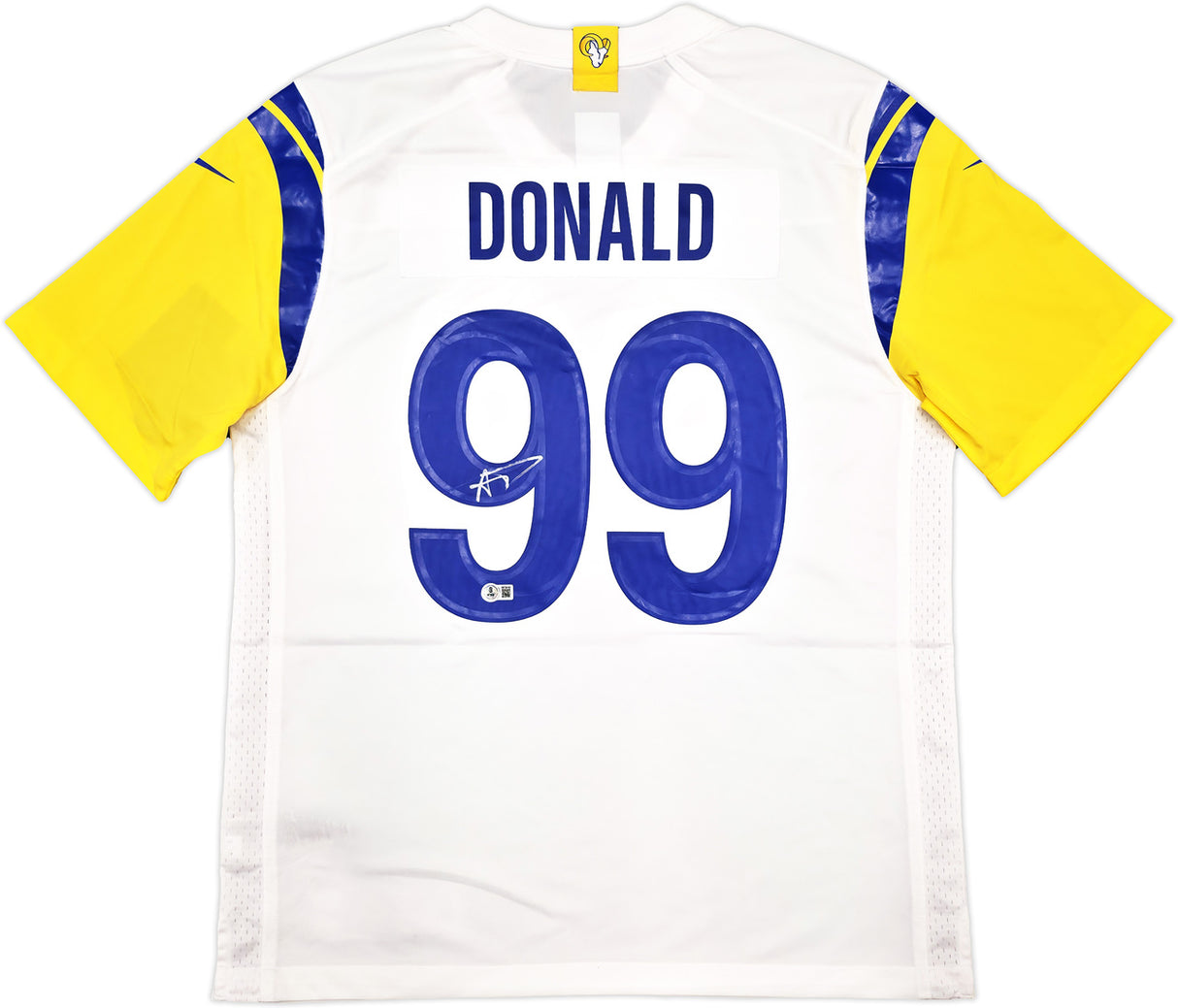 Los Angeles Rams Aaron Donald Autographed White Nike On Field Jersey Size L Beckett BAS Witness Stock #241358