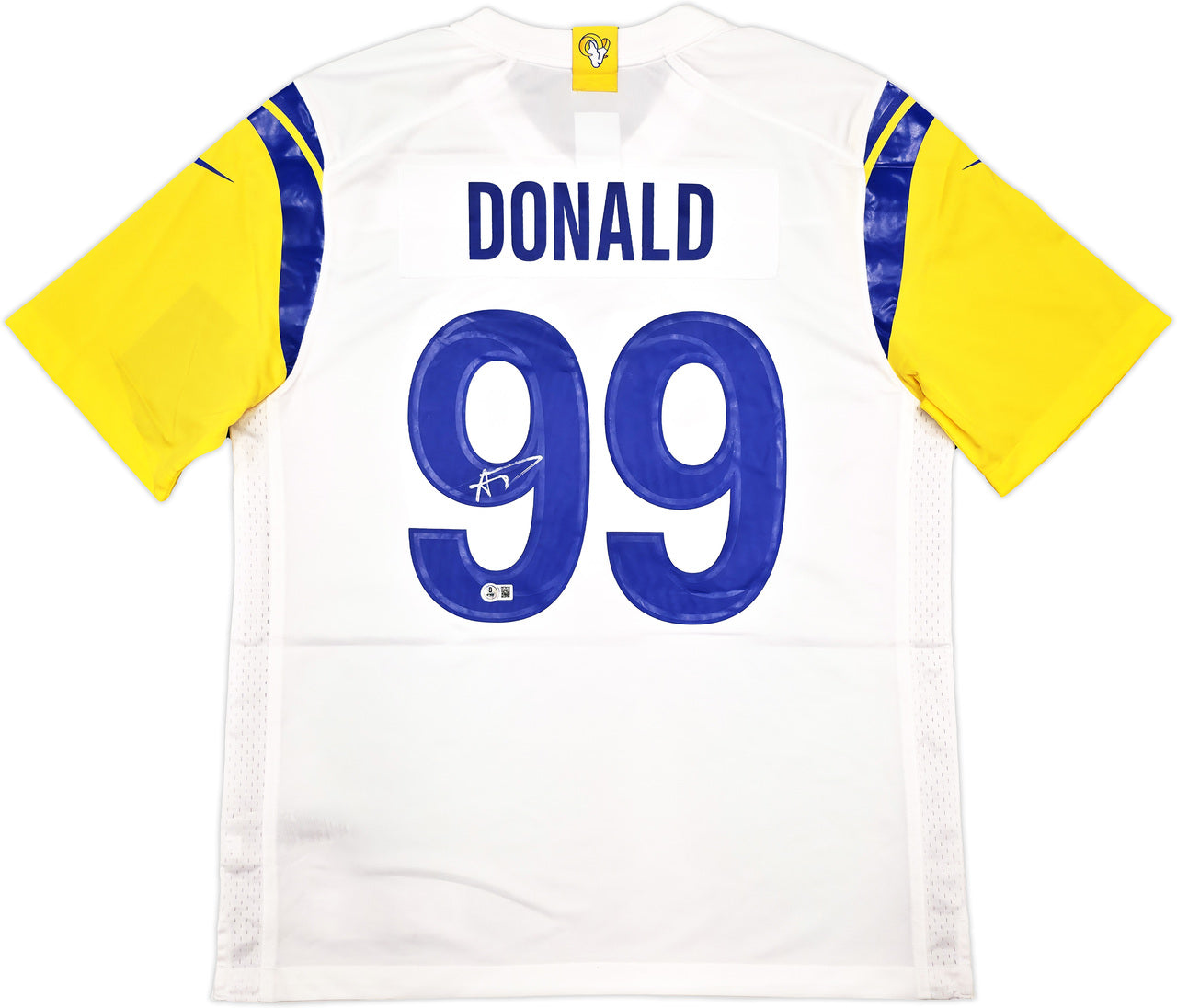 Los Angeles Rams Aaron Donald Autographed White Nike On Field Jersey Size L Beckett BAS Witness Stock #241358