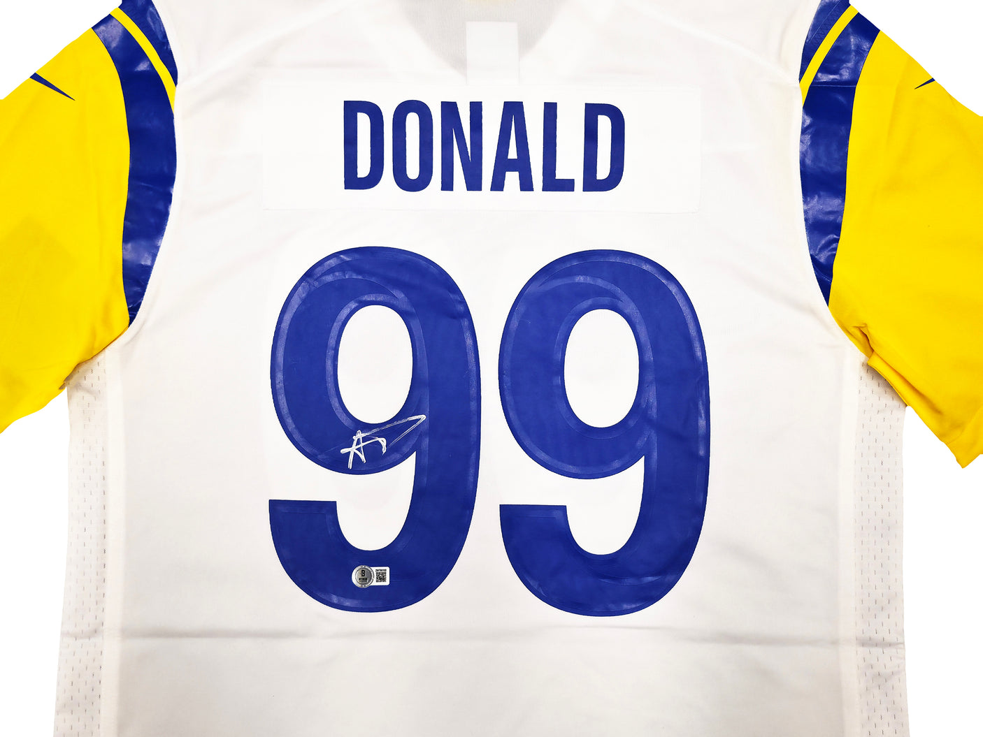 Los Angeles Rams Aaron Donald Autographed White Nike On Field Jersey Size L Beckett BAS Witness Stock #241358