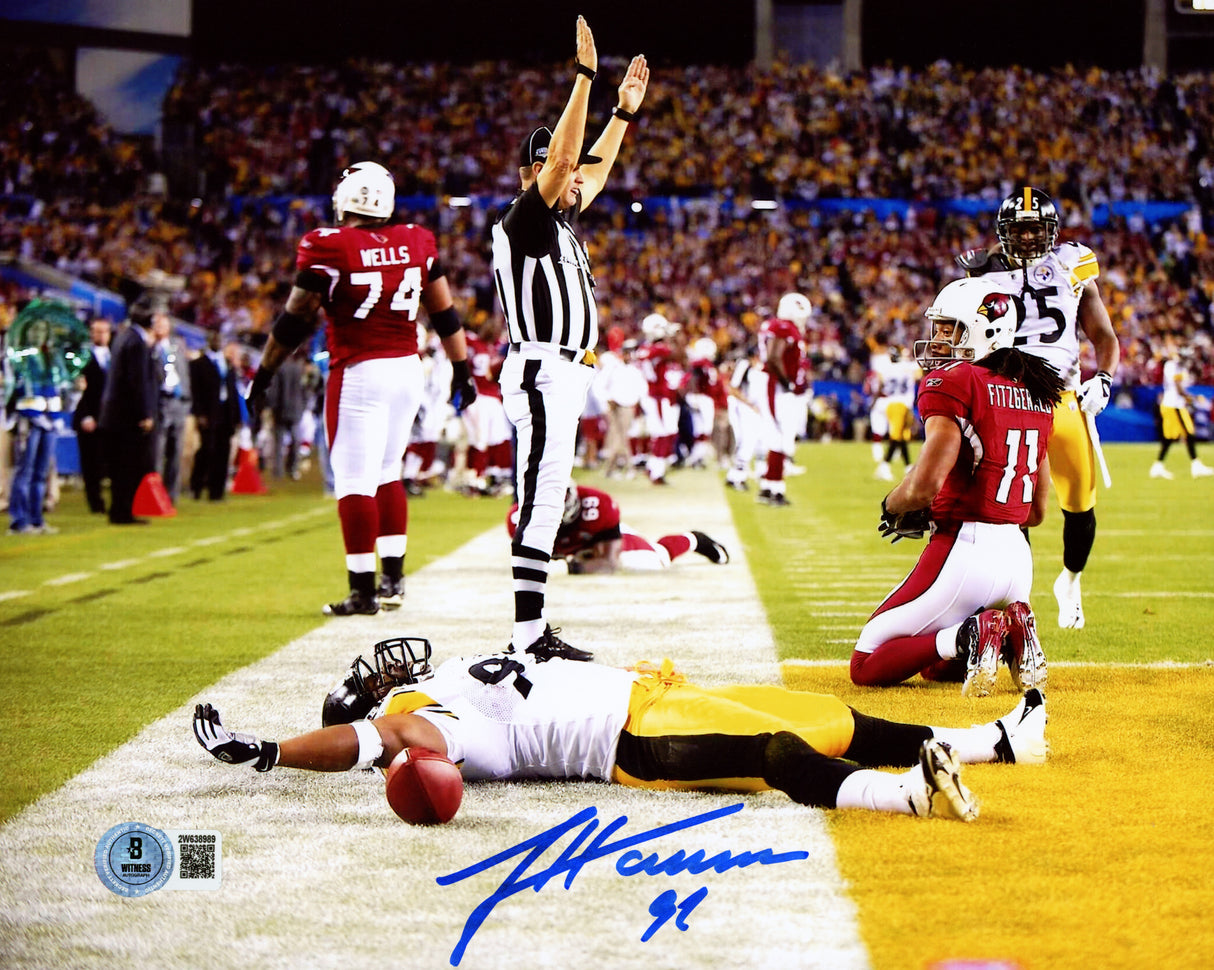 James Harrison Autographed 8x10 Photo Pittsburgh Steelers Super Bowl XLIII Interception Return Touchdown Beckett BAS Witness Stock #241380