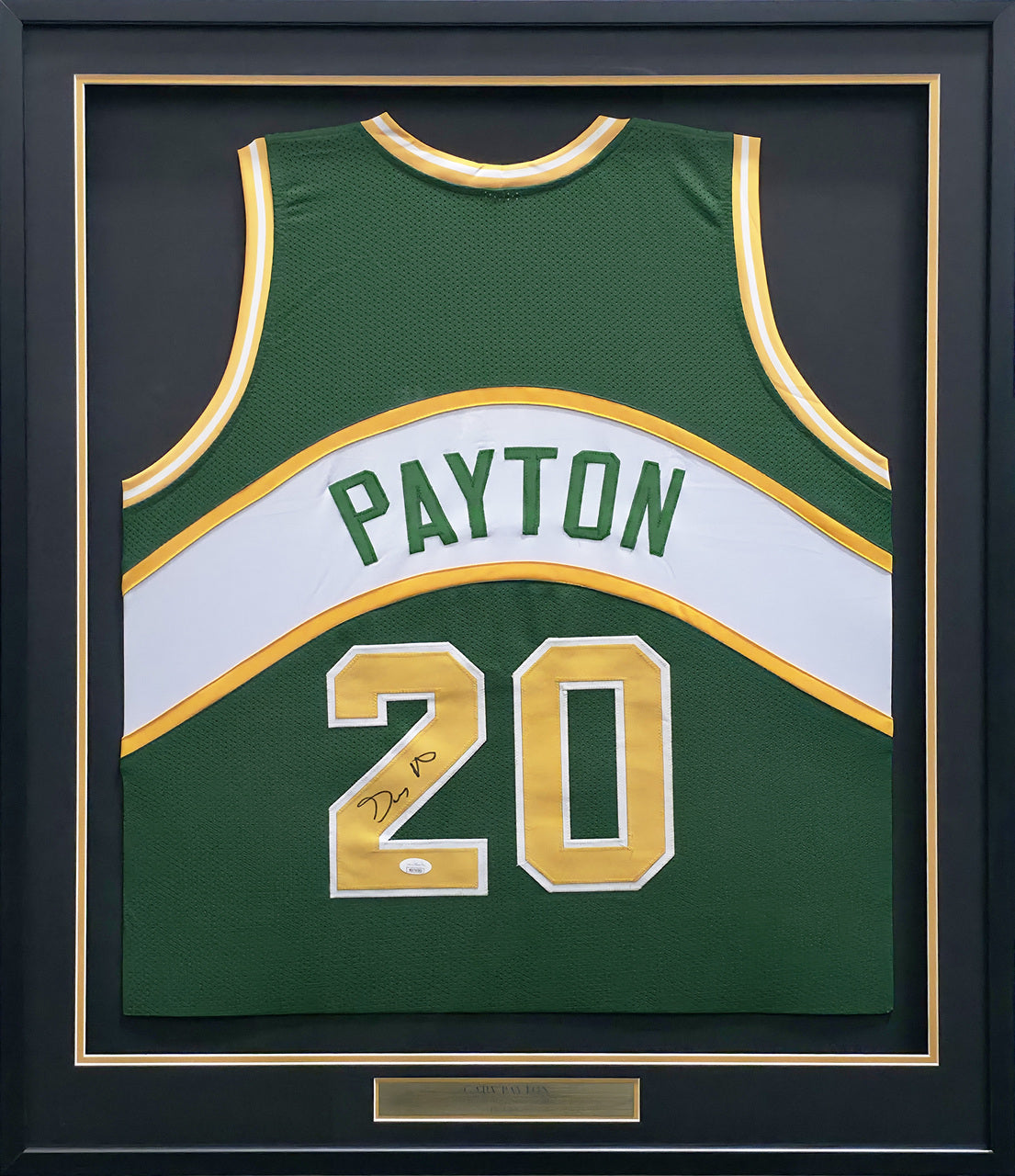 Seattle Supersonics Gary Payton Autographed Framed Green Jersey JSA Stock #241401