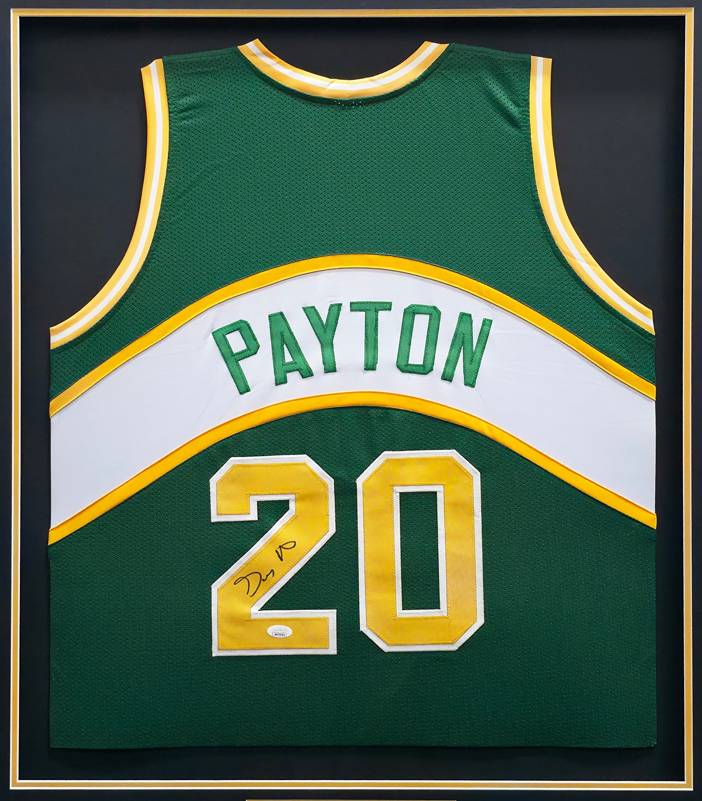 Seattle Supersonics Gary Payton Autographed Framed Green Jersey JSA Stock #241401