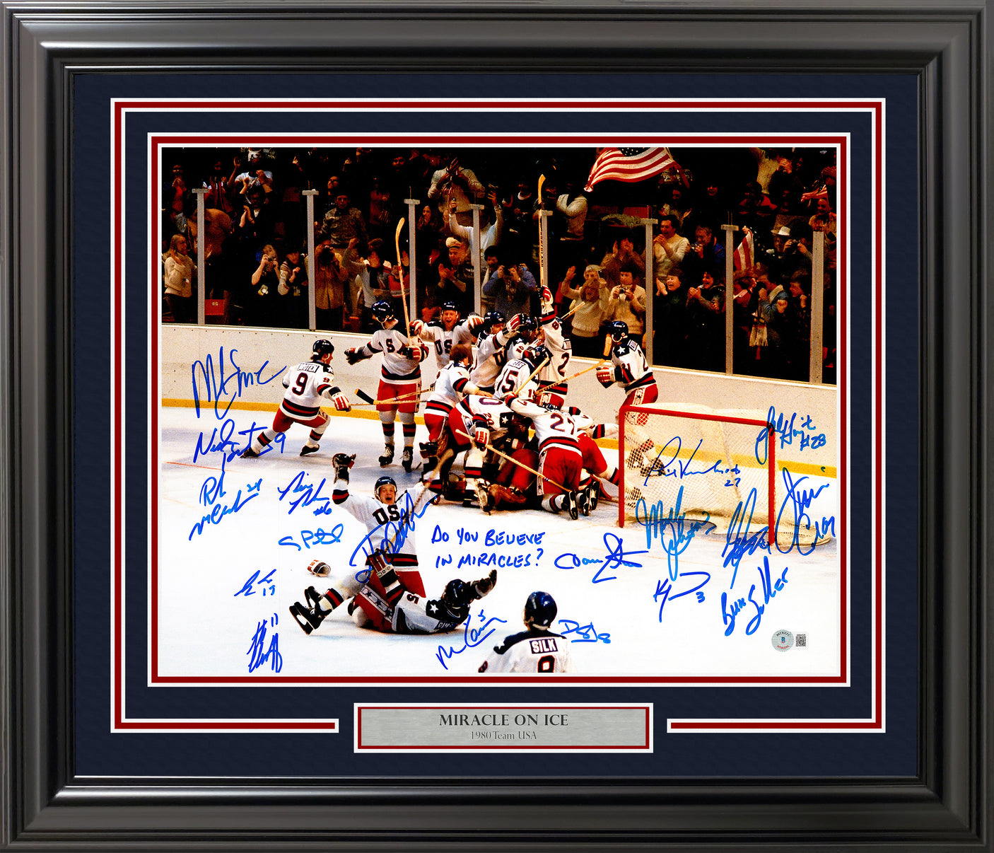 1980 USA Olympics Hockey Miracle On Ice Team Signed Autographed Framed 16x20 Photo "Do You Believe In Miracles?!" With 18 Signatures Including Jim Craig & Mike Eruzione Beckett BAS Witness Stock #241404