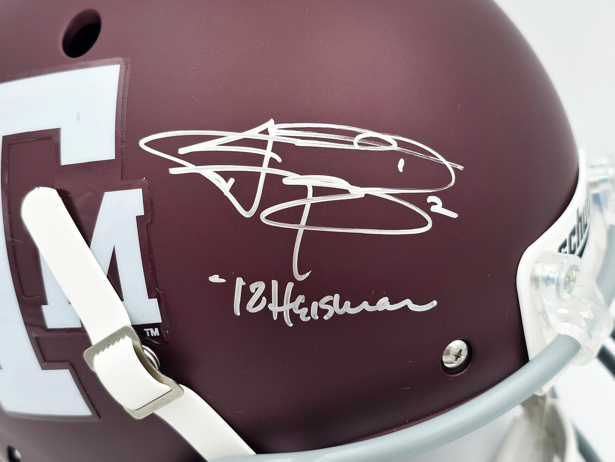 Johnny Manziel Autographed Texas A&M Aggies Maroon Red Full Size Replica Helmet "12 Heisman" JSA #WP142058