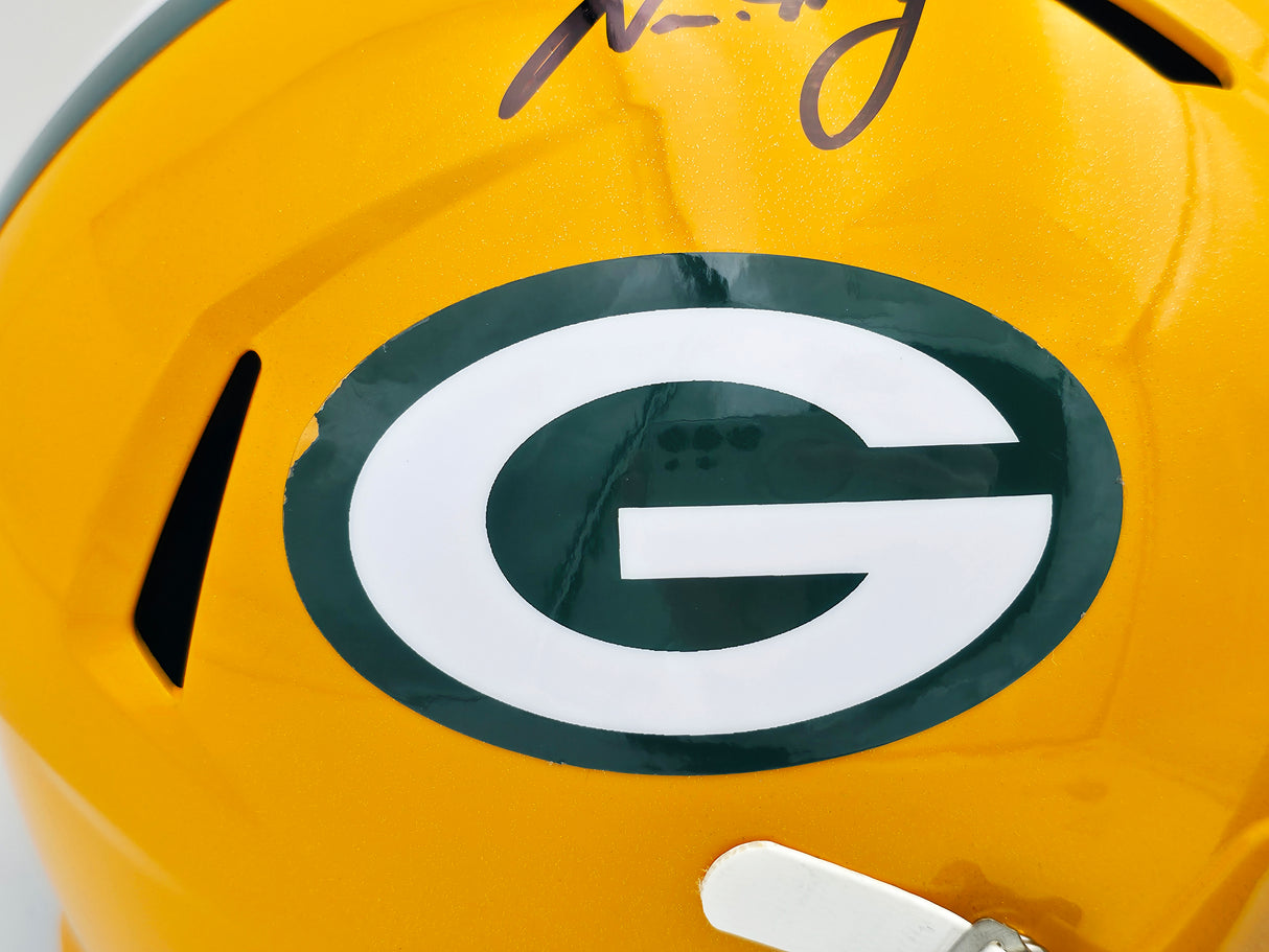 Aaron Jones Autographed Green Bay Packers Yellow Full Size Replica Helmet Beckett BAS Witness #1W406046