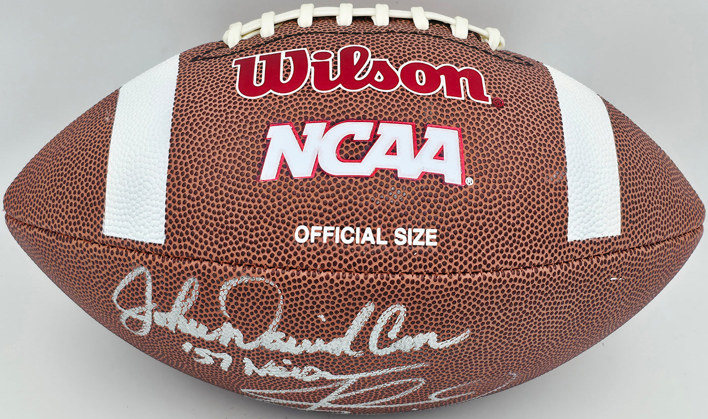 John David Crow & Johnny Manziel Autographed Official NCAA Wilson Leather Football Texas A&M Aggies "Heisman" Beckett BAS QR #BR84860
