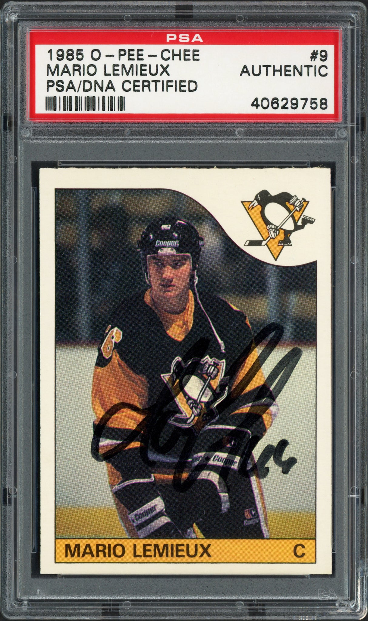 Mario Lemieux Autographed 1985 O-Pee-Chee Rookie Card #9 Pittsburgh Penguins PSA/DNA #40629758