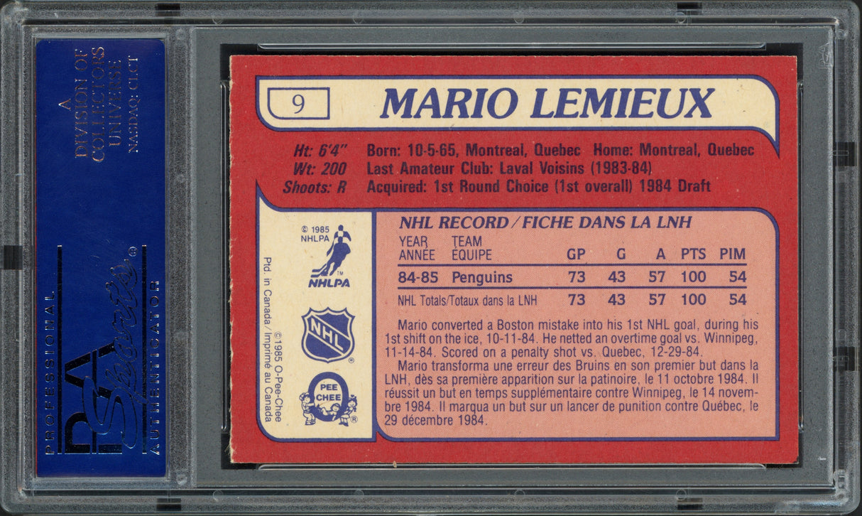 Mario Lemieux Autographed 1985 O-Pee-Chee Rookie Card #9 Pittsburgh Penguins PSA/DNA #40629758