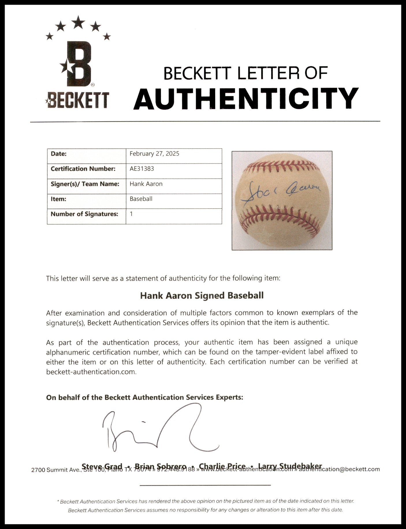 Hank Aaron Autographed Official NL Baseball Atlanta Braves Beckett BAS #AE31383