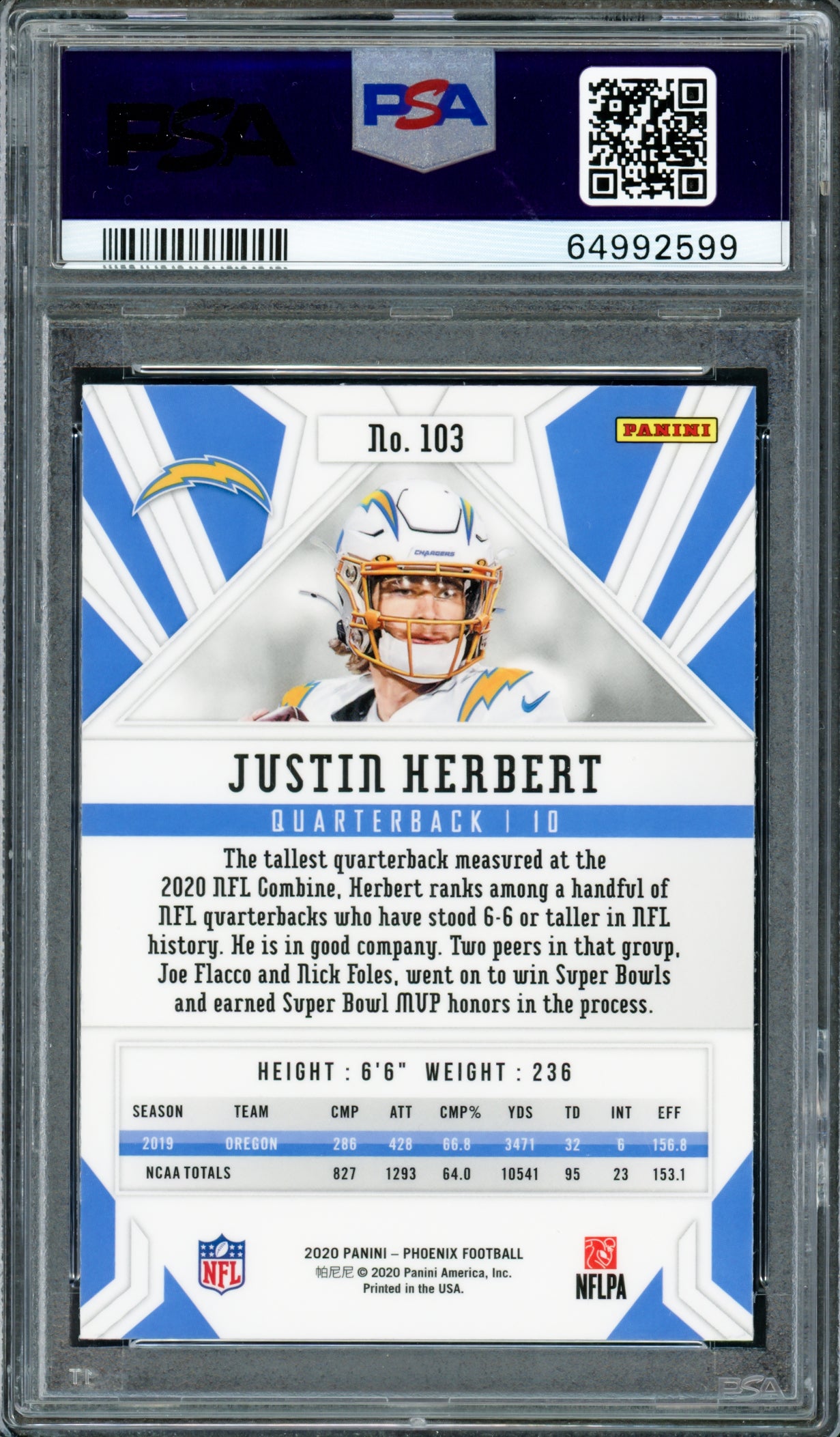 Justin Herbert Autographed 2020 Panini Phoenix Fire Burst Rookie Card #103 Los Angeles Chargers PSA 10 Auto Grade Gem Mint 10 PSA/DNA #64992599