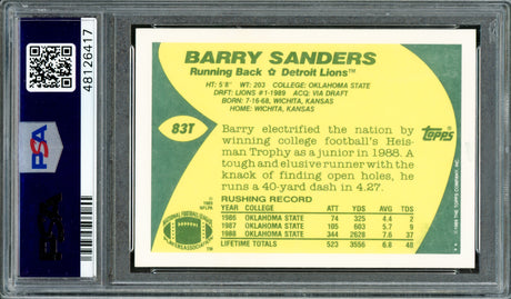 Barry Sanders Autographed 1989 Topps Traded Rookie Card #83T Detroit Lions PSA 9 Auto Grade Gem Mint 10 PSA/DNA Stock #215421