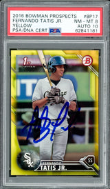 Fernando Tatis Jr. Autographed 2016 Bowman Prospects Yellow Rookie Card #BP17 San Diego Padres PSA 8 Auto Grade Gem Mint 10 PSA/DNA #62841181
