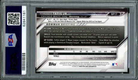 Fernando Tatis Jr. Autographed 2016 Bowman Prospects Yellow Rookie Card #BP17 San Diego Padres PSA 8 Auto Grade Gem Mint 10 PSA/DNA #62841181