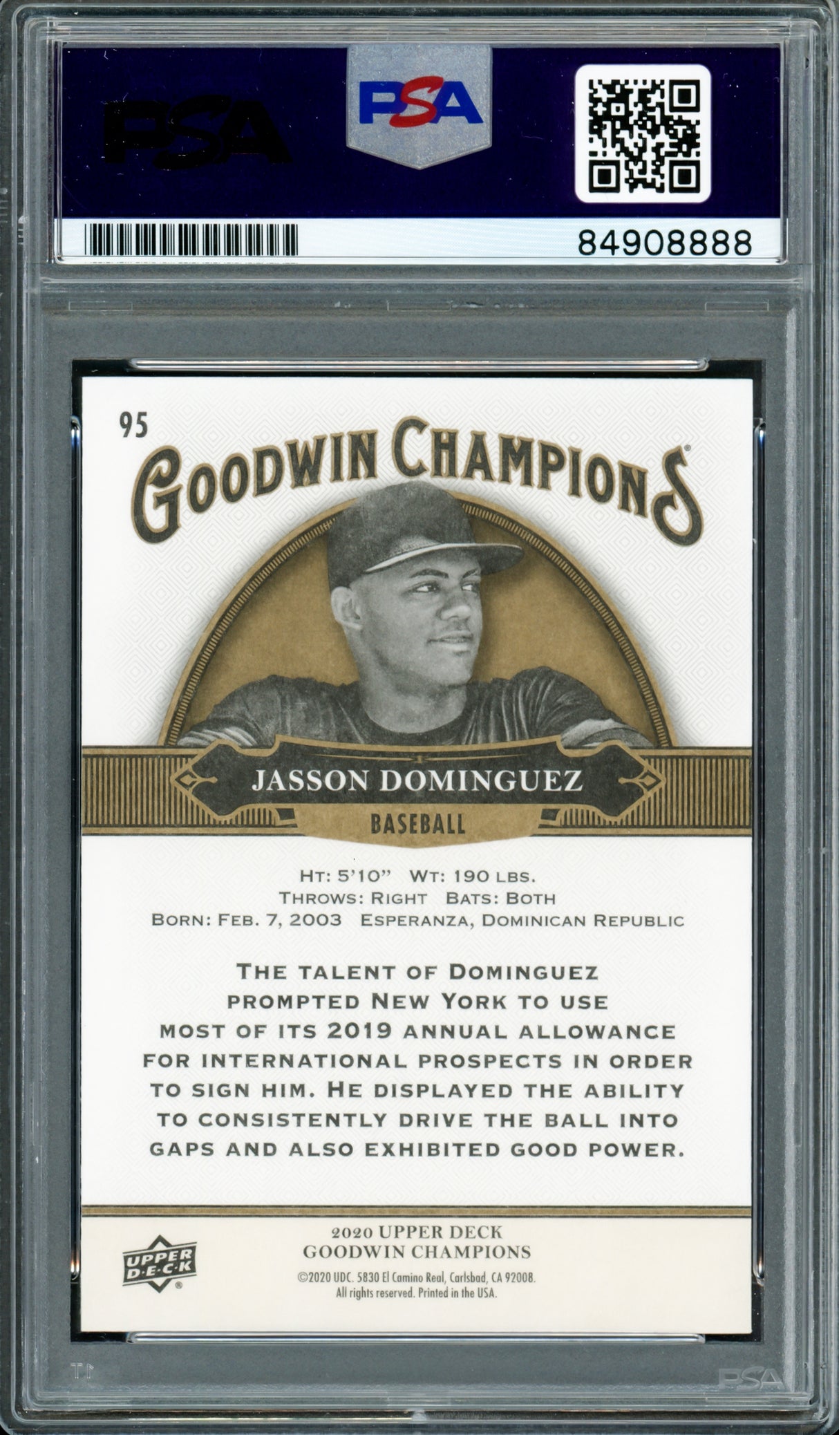 Jasson Dominguez Autographed 2020 Upper Deck Goodwin Champions Rookie Card #95 New York Yankees PSA/DNA #84908888