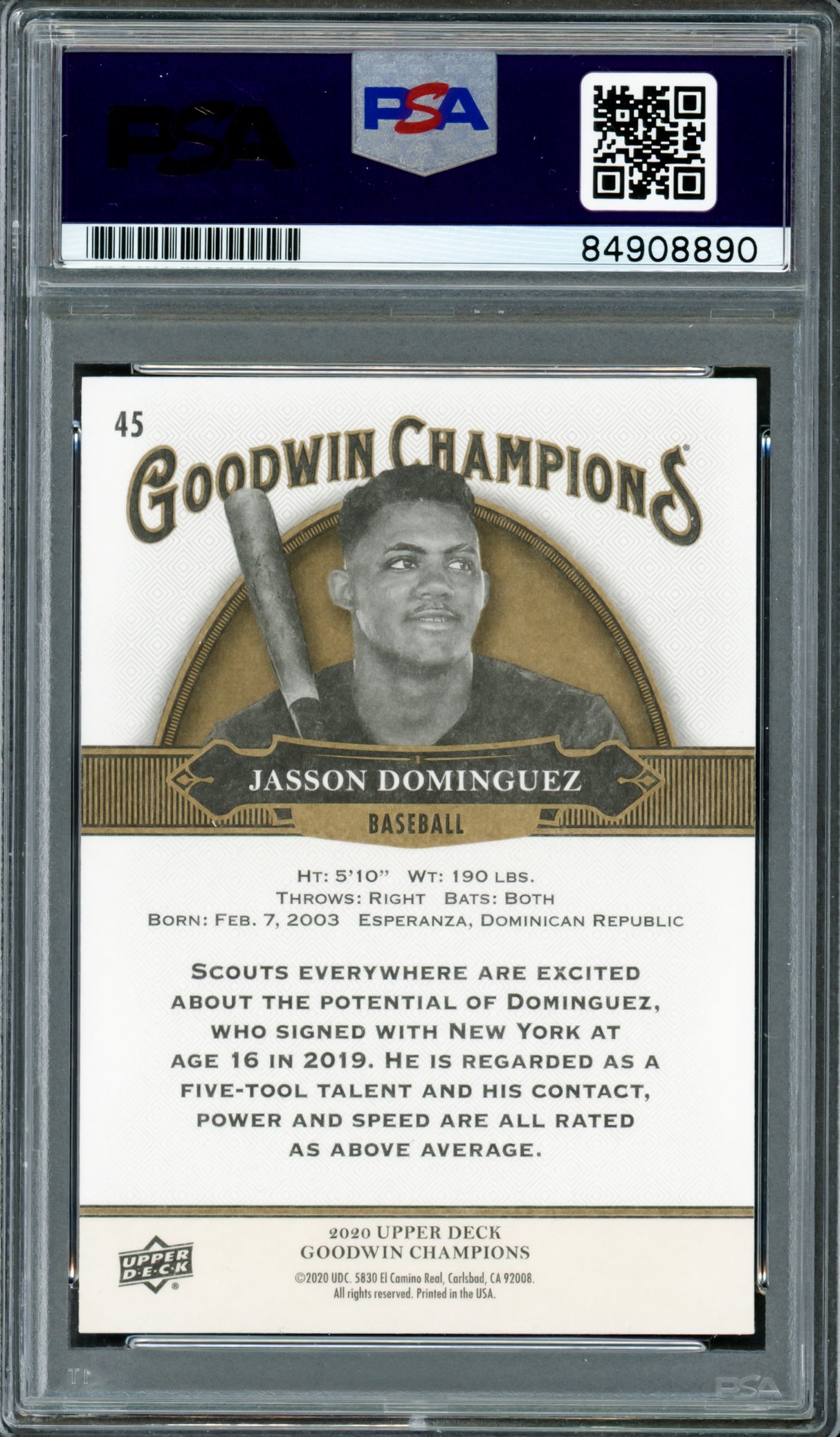 Jasson Dominguez Autographed 2020 Upper Deck Goodwin Champions Rookie Card #45 New York Yankees PSA/DNA #84908890